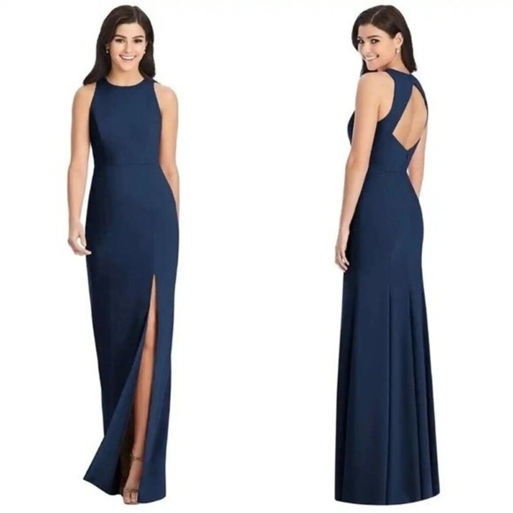 dessy collection crepe sleeveless maxi dress open back front slit midnight navy